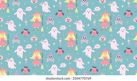 Cute pink ghosts, witch, owl, pumpkin seamless pattern. Halloween baby characters. Magic scary spirits with different emotions. Vector cartoon illustration.