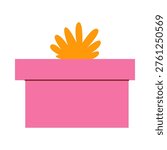 Cute pink gift box with bow, colorful flat retro style. Whimsical hand drawn vector illustration for surprise birthday, celebration, girl baby shower. Minimalist graphic isolated on white background.
