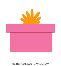 Cute pink gift box with bow, colorful flat retro style. Whimsical hand drawn vector illustration for surprise birthday, celebration, girl baby shower. Minimalist graphic isolated on white background.