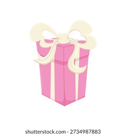 Cute pink gift box with ribbon. Symbol of romantic gift, surprise, and celebration.