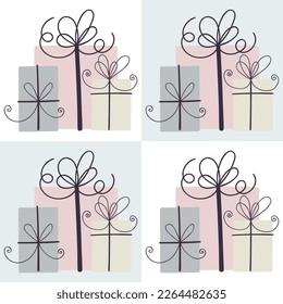 Cute pink gift boxes with bows. Holiday seamless pattern. 