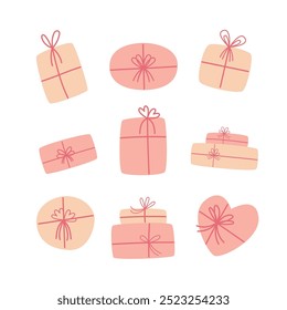 Cajas de regalo rosadas lindas en estilo dibujado a mano para el 14 de febrero. Presentar pegatinas en estilo plano para el día de San Valentín. Ilustración vectorial.