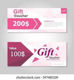 Cute Pink Gift Voucher Template Layout Design Set, Certificate Discount Coupon Pattern For Shopping Vector