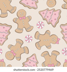 Cute pink gingerbread cookies vector seamless pattern. Coquette Christmas background.