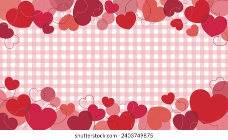 Cute pink gingham check banner frame with red hearts scattered up and down