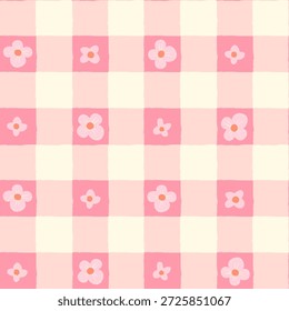 Cute pink gingham and flowers vector seamless pattern, Romantic check backgrounds for spring and summer designs
