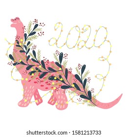 Cute pink girl Christmas Dinosaur with festive lights and sign 2020. Merry Christmas and Happy New Year composition isolated on white. Design print for cards, stickers, apparel, home decor. Vector.
