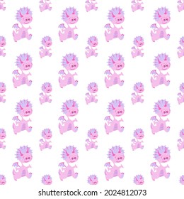 Cute Pink girl dinosaur on white background. Vector isolate flat design of dino background for kids,Baby design for fabric, wallpaper, For print, baby clothes, t shirt, child card or wrapping paper.