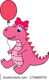 Cute Pink girl Dinosaur. Vector art Illustration on white background for, children's design.