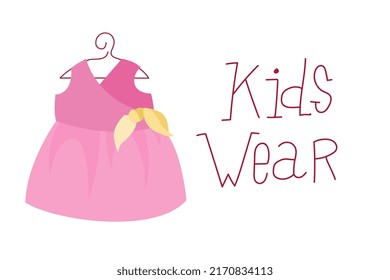 Cute pink girl dress with bow. Kids wear on hanger isolated on white background. Colorful vector illustration in flat doodle style for children t-shirt print, kids wear logo.