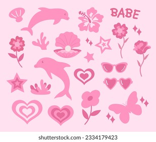 Cute pink girl elements including flowers, pearl shell, dolphin, butterfly, heart, sunglasses, star, hibiscus and rose. For sticker, logo, decoration, post, banner, icon, web site, frame, print, etc.