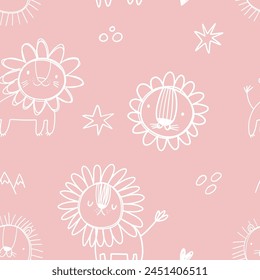 Cute pink girlish neutral pastel whimsical nursery seamless pattern with simple doodle lions, stars. Newborn playful cheerful fabric apparel