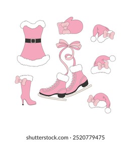 Cute Pink girlish Santa babe hat suit shoes skates vector clip-art set isolated on white. Coquette Christmas illustration