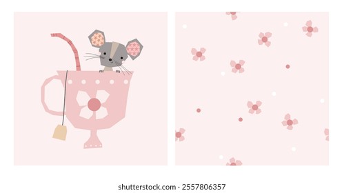 Cute pink girlish seamless pattern mouse princess in cup. Ideal for fabric apparel clothes toddler, baby, newborn goods.