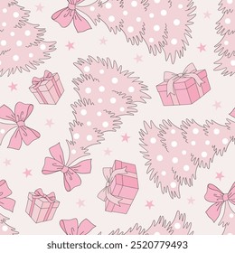 Cute Pink Girlish Xmas tree vector seamless pattern. Coquette Christmas background.