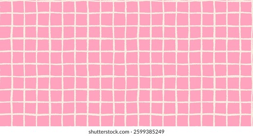 Cute pink girly plaid grid seamless vector pattern, irregular painted check with wavy textured lines 