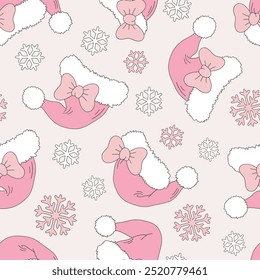 Cute Pink Girly Santa hat with bow vector seamless pattern. Coquette Christmas background.