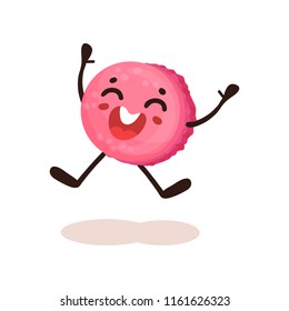 Cute pink glazed donut with smiling face, funny humanized dessert cartoon character vector Illustration on a white background