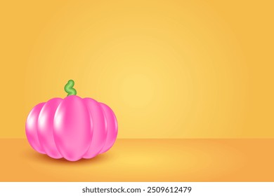 Cute pink glowing texture pumpkin, orange, yellow gradient background with copy space. Decoration fall sale or promotion banner.