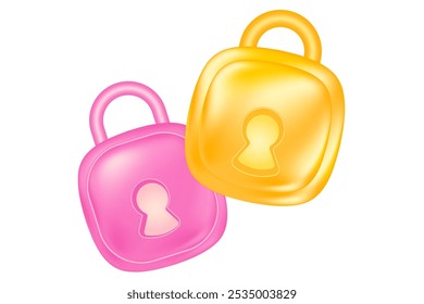 Cute pink, gold 3D security padlock icons isolated, transparent background. Glowing glass or plastic texture information protection, personal data control design element for presentation, infographic