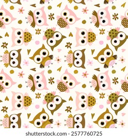 Cute pink, gold brown owls vector seamless pattern in simple flat style for designs for kids and babies