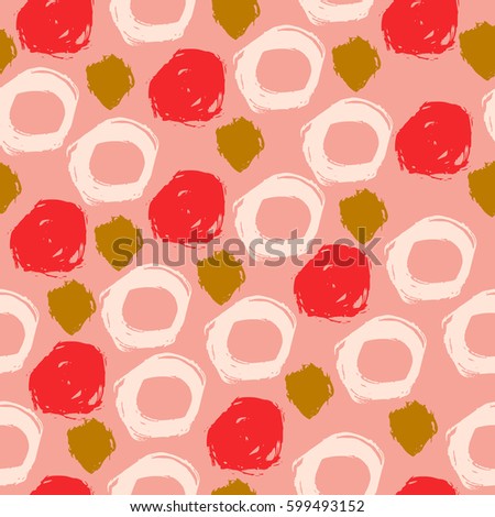 Cute pink, gold, red, white grunge seamless pattern. Abstract background with hand drawn grunge random brush strokes, dots, circles, rings. Messy bubbles. Dotted texture.  Vector illustration.
