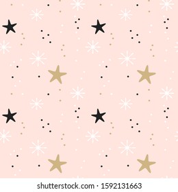 cute pink, gold, white and black christmas seamless vector pattern background illustration with stars, snowflakes and snow