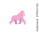 Cute Pink Gorilla Walking Vector Illustration, Adorable Pastel Ape Cartoon Character Side View for Kids Apparel