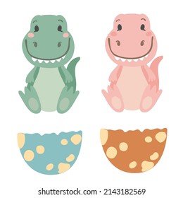 Cute pink and green baby dinosaur t-rex in egg on white background. Girl and boy baby shower invitation elements. Set of little dino head vector illustration.
