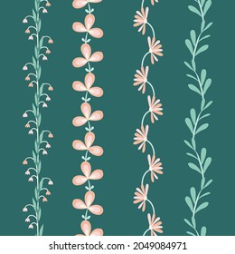 Cute Pink and Green Botanical Vector Seamless Vertical Borders Set
