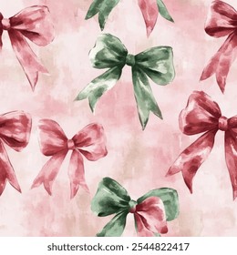 Cute pink and green bows seamless watercolor pattern on pink background. Bow vector illustration. Watercolor print in rustic vintage style, textile or wallpapers.