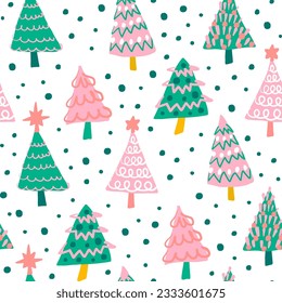 Cute pink and green Christmas tree seamless pattern on white background. Holiday season winter forest fun repeat pattern. Hand drawn illustration.