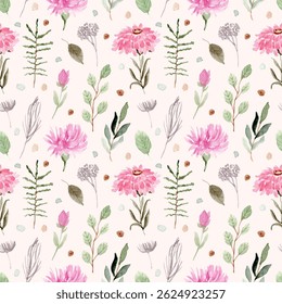 cute pink green floral watercolor seamless pattern