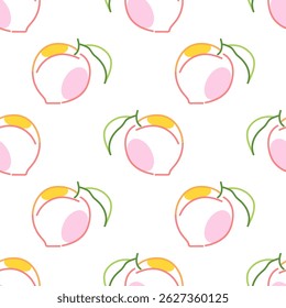 Cute pink peaches and green leaves seamless pattern. Fruit illustration in minimal linear style. Summer harvest vector background