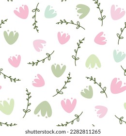 cute pink and green seamless vector pattern background illustration with hand drawn flowers and leaves