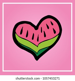 Cute Pink and Green Watermelon Heart Shape Slice Food Fruit Summer Flat Icon, Logo, Sign, Symbol, Object. Graphic Design Resource, Elements, Vector Illustration EPS 10