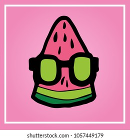 Cute Pink and Green Watermelon Slice with Sunglass Food Fruit Summer Flat Icon, Logo, Sign, Symbol, Object. Graphic Design Resource, Elements, Vector Illustration EPS 10