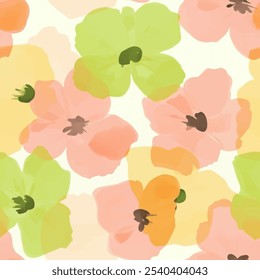 Cute pink , green and yellow floral seamless watercolor pattern with watercolor background. Flower vector illustration. Watercolor print in rustic vintage style, textile or wallpapers.