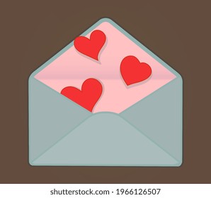 Cute pink and grey open envelope with red hearts on brown background. Concept of basic and convenient envelopes for business and personal letters. Flat cartoon vector illustration