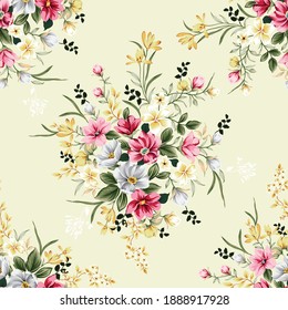 cute pink grey and yellow vector flowers with green leaves bunches pattern on yellow background