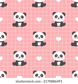 Cute pink grid with kawaii panda bears, kids woodland animals girly seamless pattern design for wrapping paper, fabric and textile print