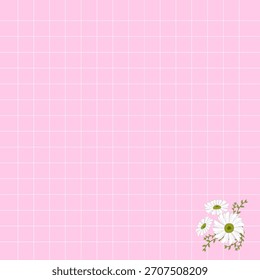 Cute Pink Grid Paper Background with Daisy Flower Corner, Valentine Sticky Note