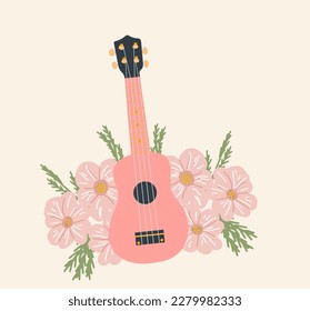 Cute pink guitar with flowers, t-shirt print, country music festival logo, music festival poster, acoustic guitar or ukulele flat vector illustration