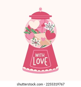 Cute pink gumball machine with love letter, hearts and flower isolated on beige background. Vector illustration Valentines day element