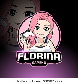 Cute pink hair gamer girl with console gaming e sport logo vector