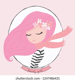 Cute pink hair girl illustration for kids fashion artwork, greeting cards, children books.