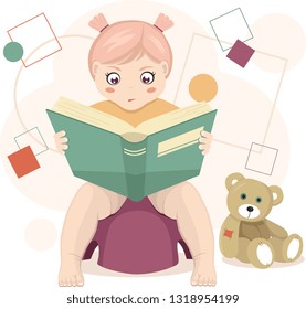 Cute pink hair little girl sitting on potty, reading a book and Teddy bear near her. Education of young children, curiosity, childhood, potty training