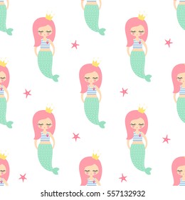 Cute pink hair mermaid girl with starfish seamless pattern on white background. Vector sea background for kids. Design for fabric, textile, decor