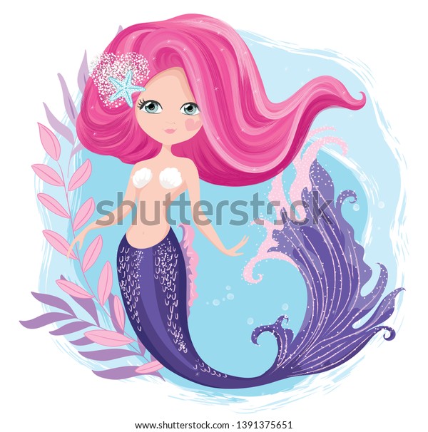 Cute Pink Hair Mermaid Illustration Stock Vector (Royalty Free) 1391375651