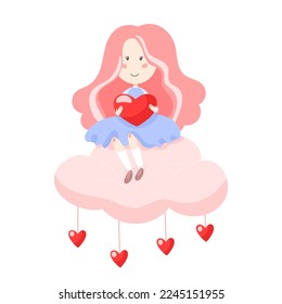 Cute pink haired girl holding a red heart and sitting on a pink cloud from which little hearts hanging down